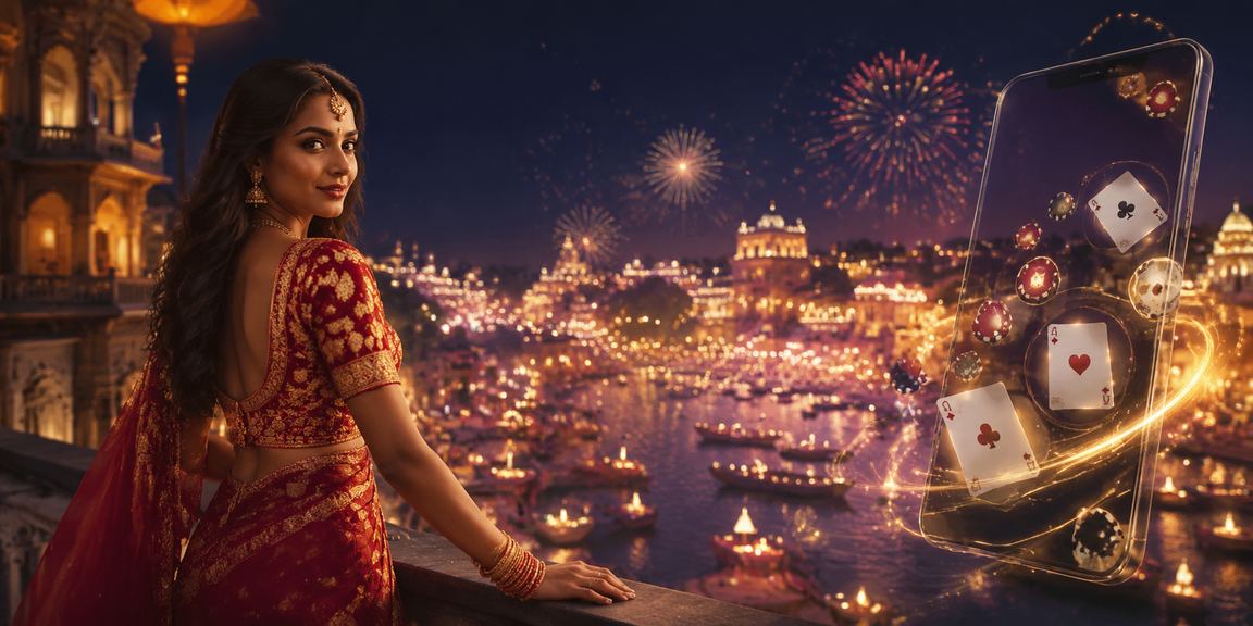 Woman playing Teen Patti in an Indian traditional saree setting