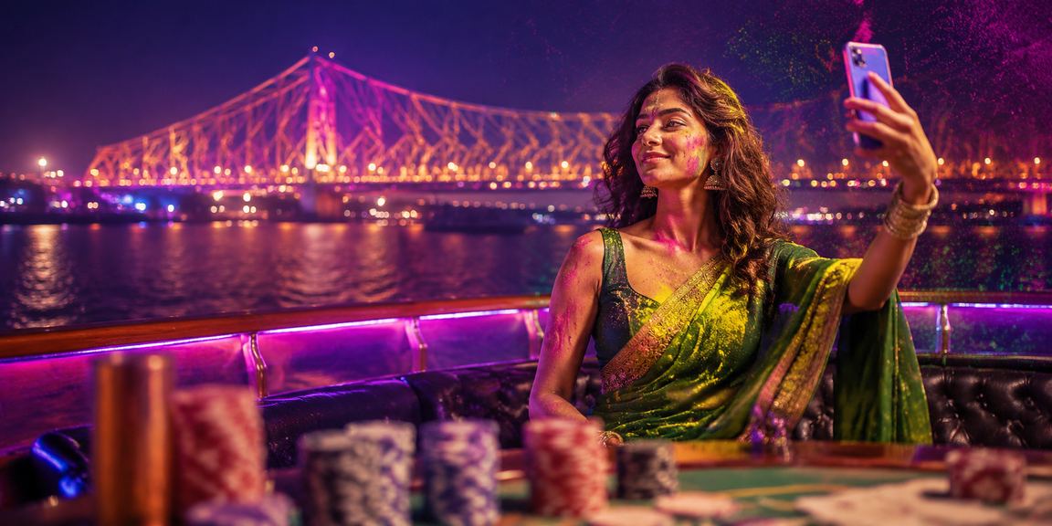 Traditional Kolkata festival scene with vibrant sarees